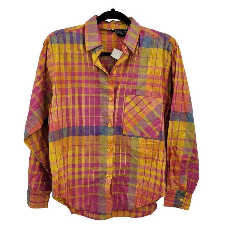 Vtg Cotton Multicolor Patchwork Plaid Button Down Top Blouse Sz S Neon Country